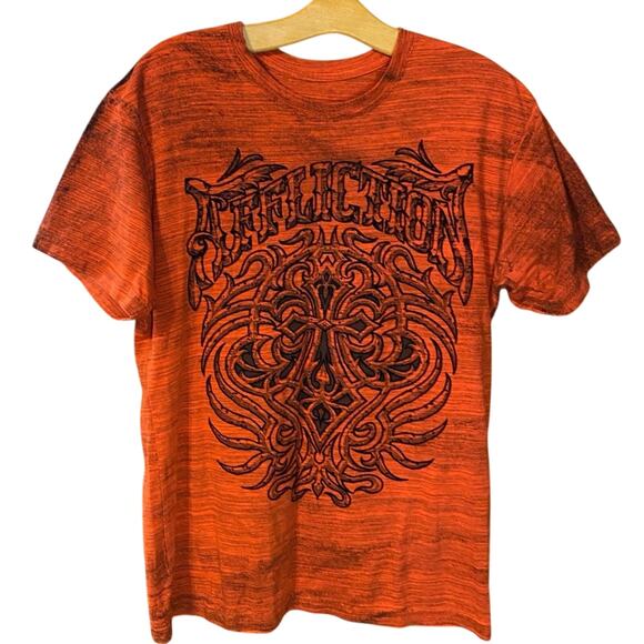 Affliction Men's Burnt Orange red Graphic Tee distressed biker tattoo MMA large - Picture 1 of 8